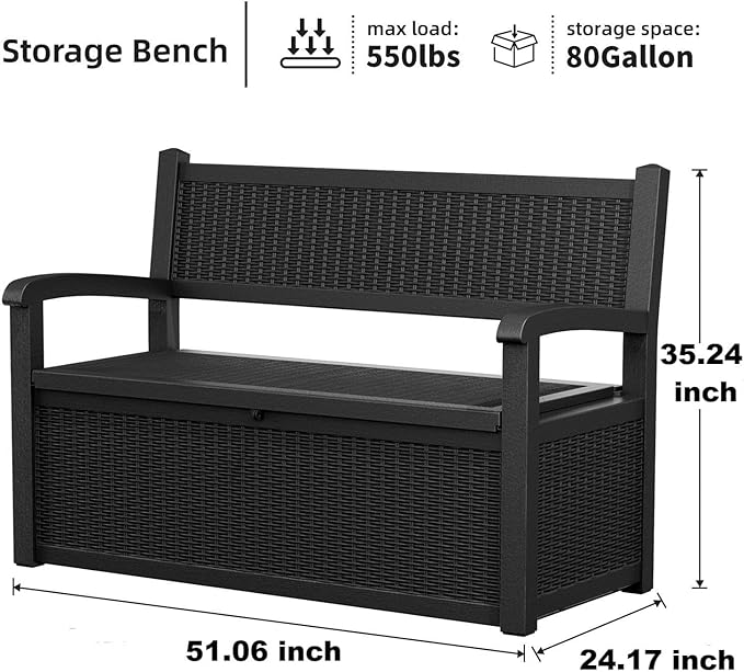 80 Gallon Outdoor Storage Bench Deck Box Waterproof Lockable,Outdoor Storage Furniture for Patio,Garden and Porch,Tools and Cushions（ Black）