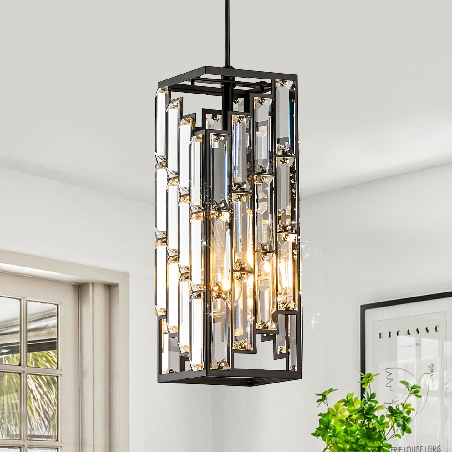 CATINER Black Crystal Pendant Light, Mini Hanging Light Fixture with Adjustable Cord, Modern Industrial Pendant Lighting for Kitchen Island, Dining Room, Bedroom, Hallway, E26 Base (1 Pack)
