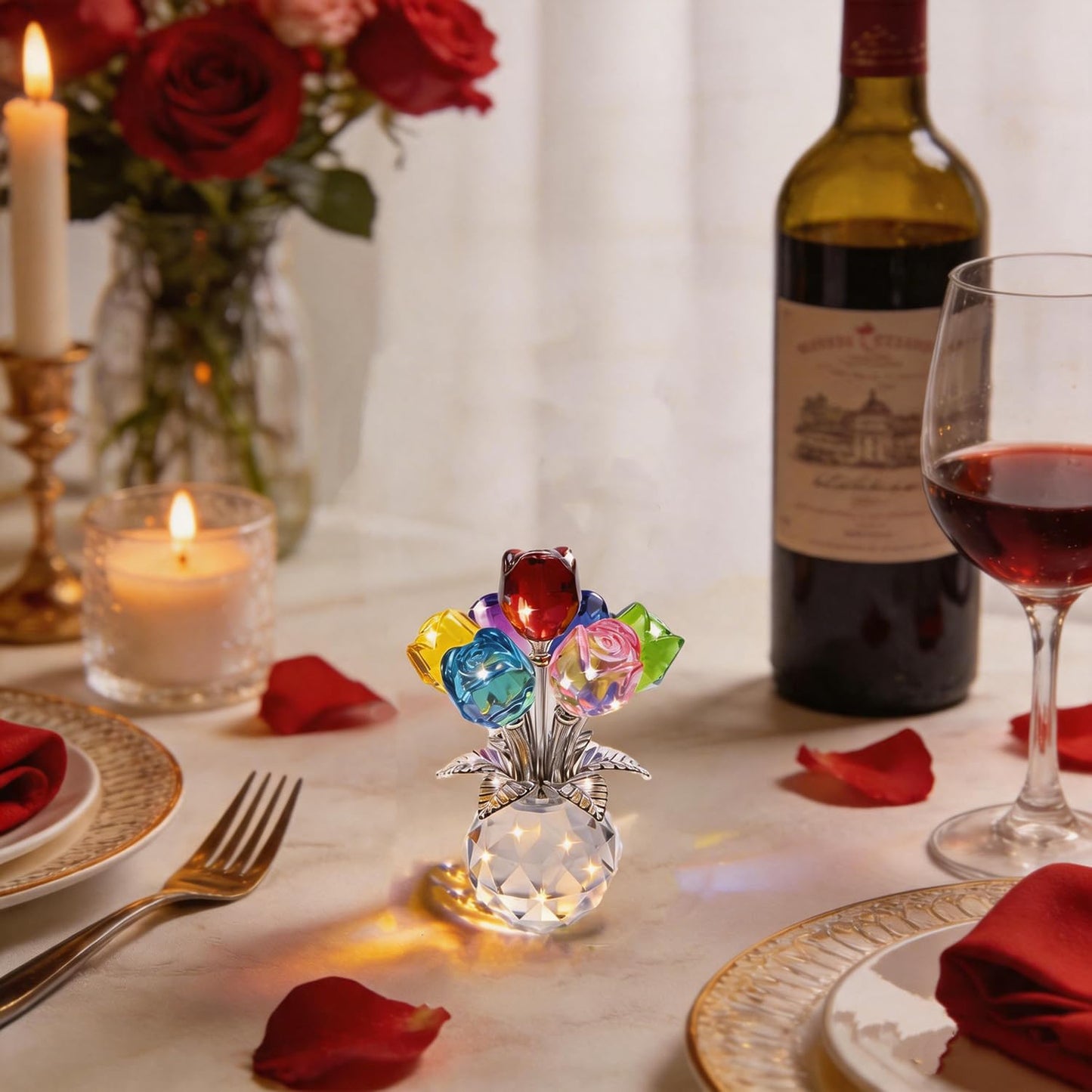 TWINKLING Crystal Roses Figurine with Round Vase, Glass Rose Crystal Flowers Bouquet, Birthday, Anniversary,Wedding, Home Décor,Silver Leaf (Multicolor)