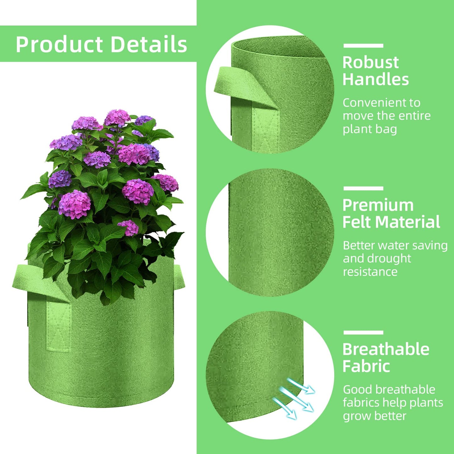 Ohiyoo 10 Gallon Garden Grow Bags, 30 Pack 10 Gal Planter Bags Fabric Pot, Nonwoven Grow Pots Heavy Duty Aeration Fabric Pots with Handles, Garden Fabric Planters for Vegetables Flowers (Green)