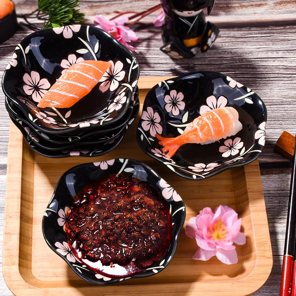 Whitenesser Japanese Black Sakura Soy Sauce Dish for Sushi, Porcelain Dipping Bowls Sauce Cups Set of 6