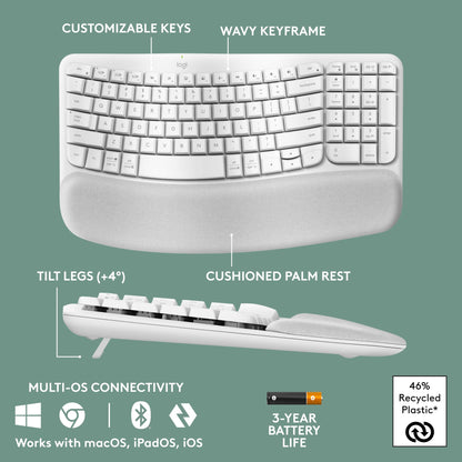 Logitech Wave Keys Wireless Ergonomic Keyboard with Cushioned Palm Rest, Comfortable Natural Typing, Easy-Switch, Bluetooth, Logi Bolt Receiver, for Multi-OS, Windows/Mac - Rose