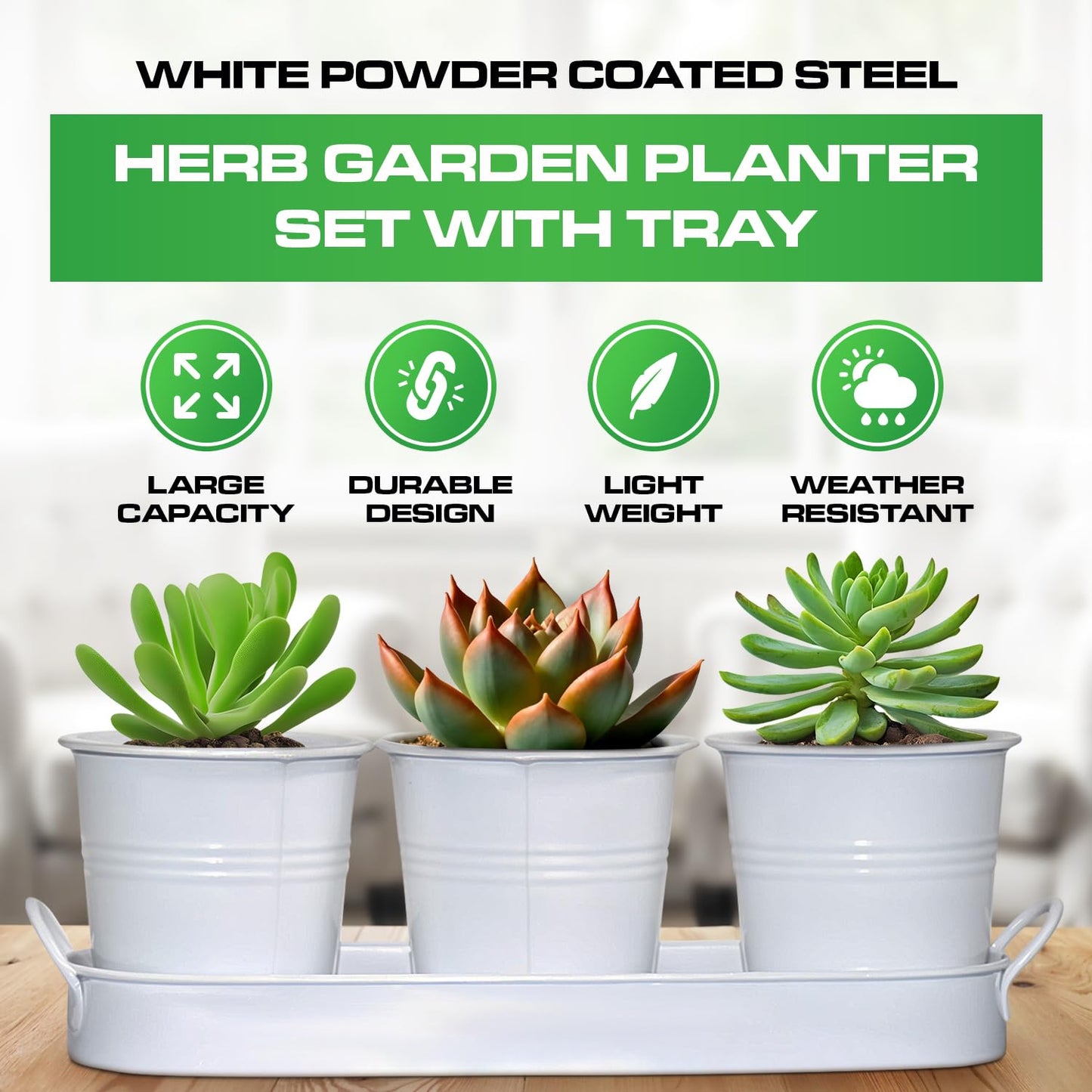 Plexon Herb Planter Indoor Garden Set of 3 with Tray, Metal Herb Pots for Indoor Plants, Round Kitchen Garden Kit Ideal for Windowsill Planter or Countertop, White Powder Coated