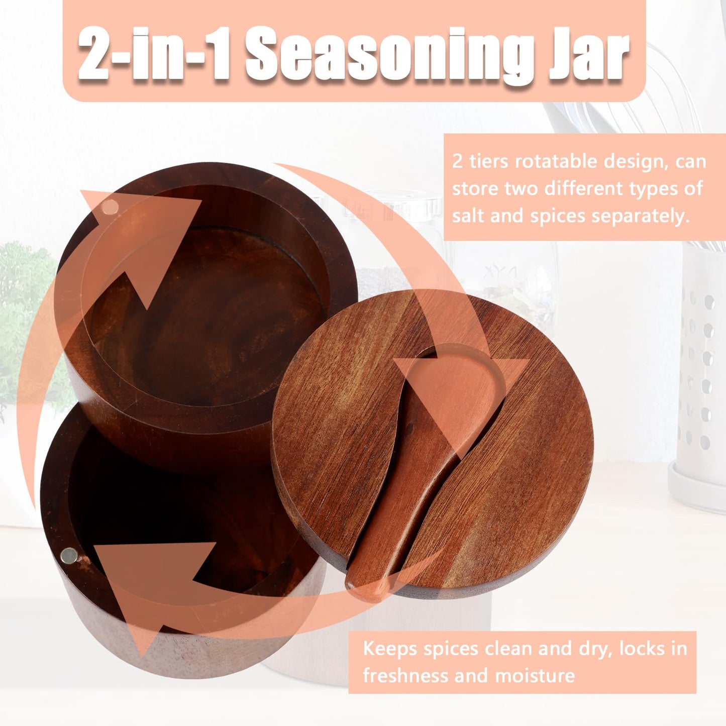 FALESOUL Acacia Wood Salt and Pepper Bowl, 2 Tier Bamboo Kitchen Salt and Pepper Storage Box with Magnetic Swivel Lids, Nature Wood Salt Cellar and Spices Storage Box for Seasonings Spices Pepper