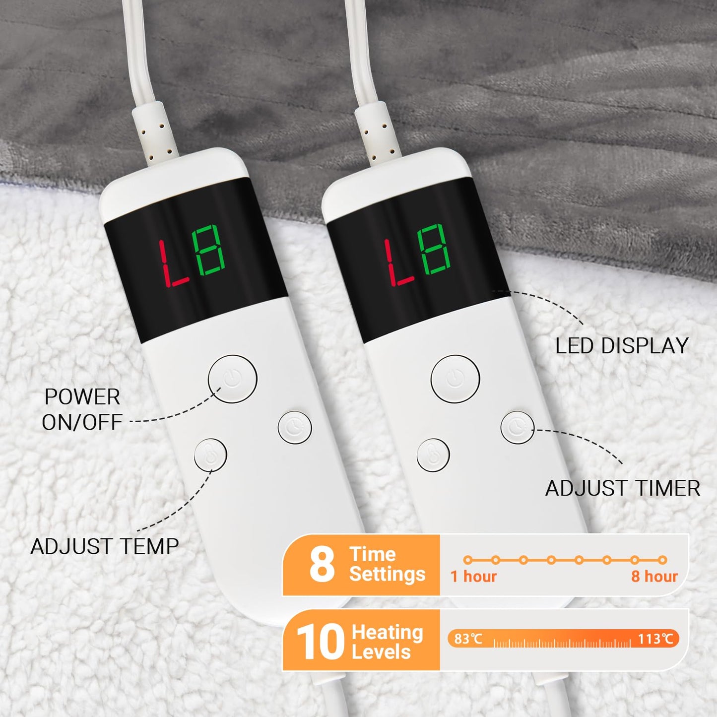Electric Heated Blanket Queen Size 84''x90'' Soft Flannel & Sherpa Electric Blanket with 10 Heating Levels, Automatically Shut Down After 8h with Overheat Protection Machine Washable