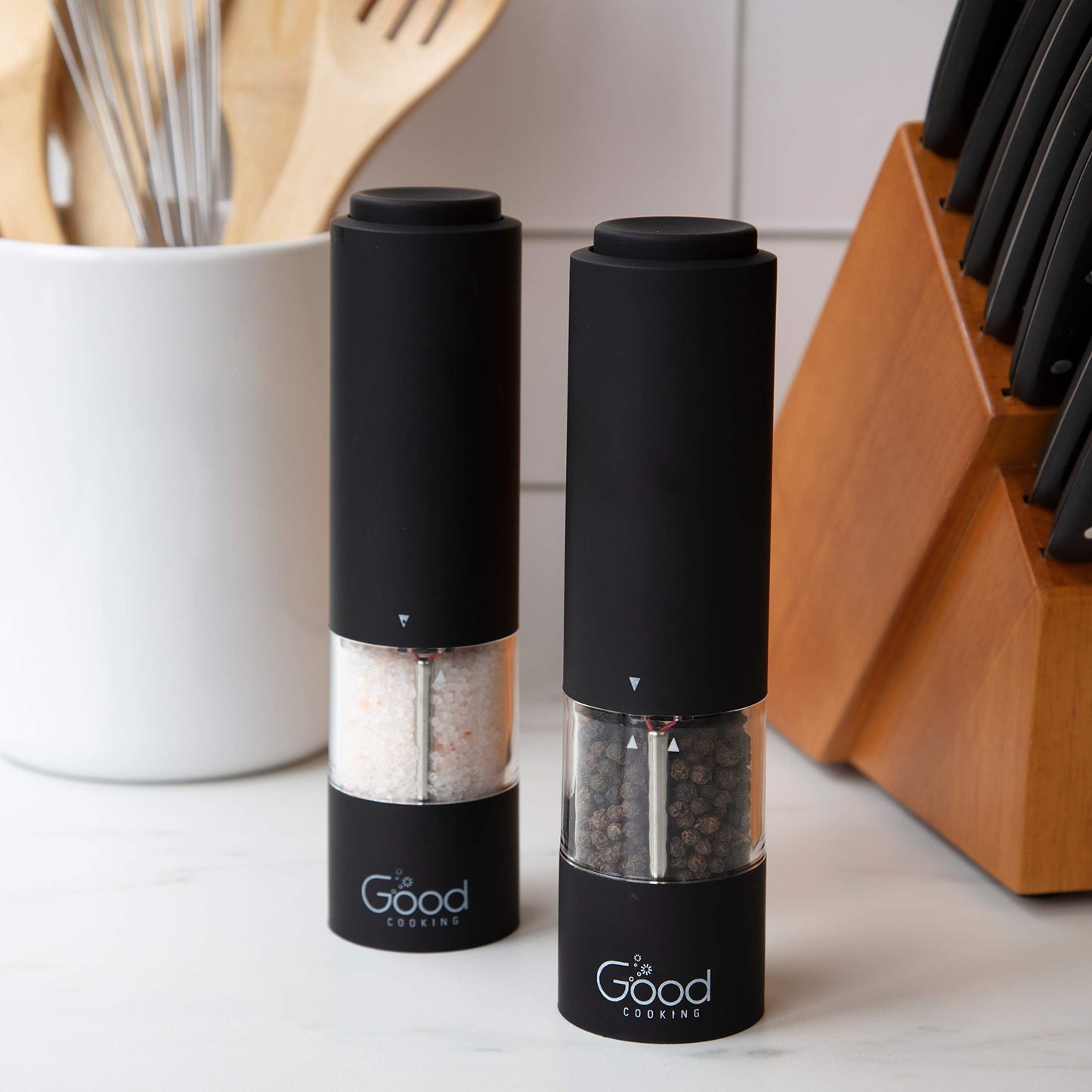 Electric Pepper Grinder and Salt Mill- Battery Operated One-Handed Spice Dispenser w LED Light & Adjustable Coarseness- Premium Kitchen Upgrade w Strong Ceramic Blades -Matte Black, Batteries Included