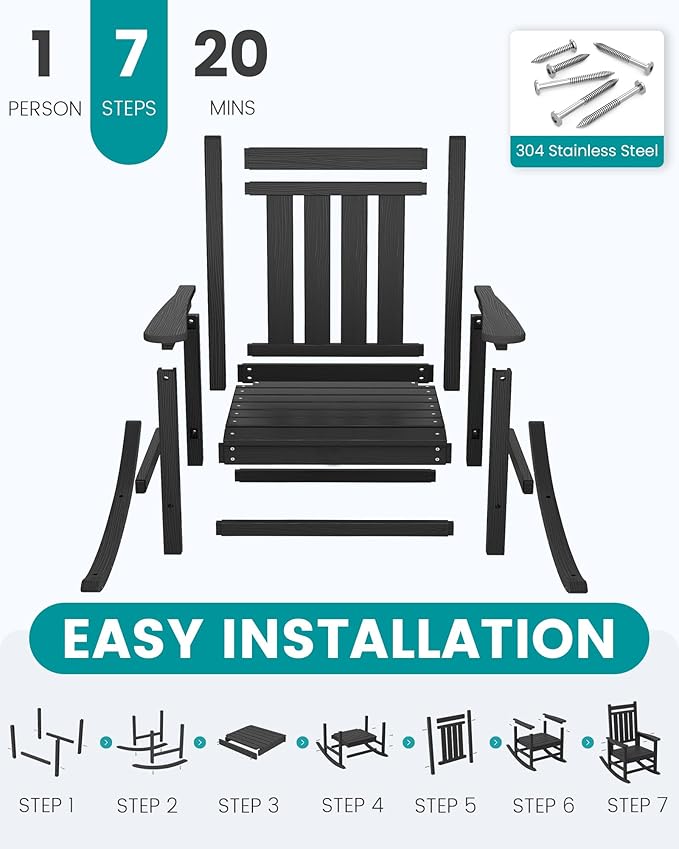 SERWALL HDPE Outdoor Rocking Chair Set of 8, Patio Rocking Chairs for Adults, All Weather Outdoor Rockers for Lawn, Black