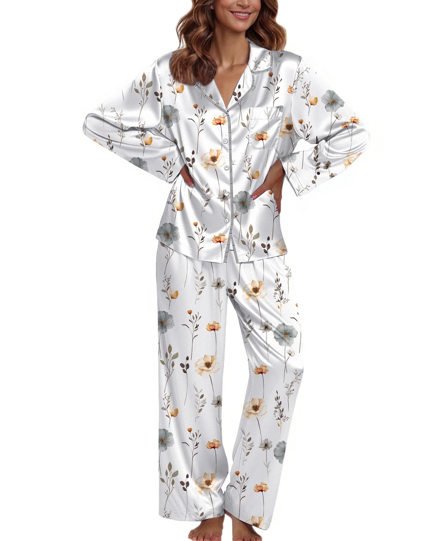 Ekouaer Pajamas For Women Set Silk Pjs 2 Piece Satin Sleepwear Long Sleeve Button Down Lounge Sets With Pant