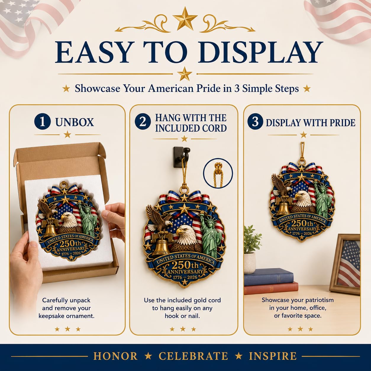 250th Anniversary USA Ornament 1776-2026, Patriotic Acrylic Hanging Ornament, United States 250th Anniversary Decoration with Eagle Liberty Bell Statue of Liberty
