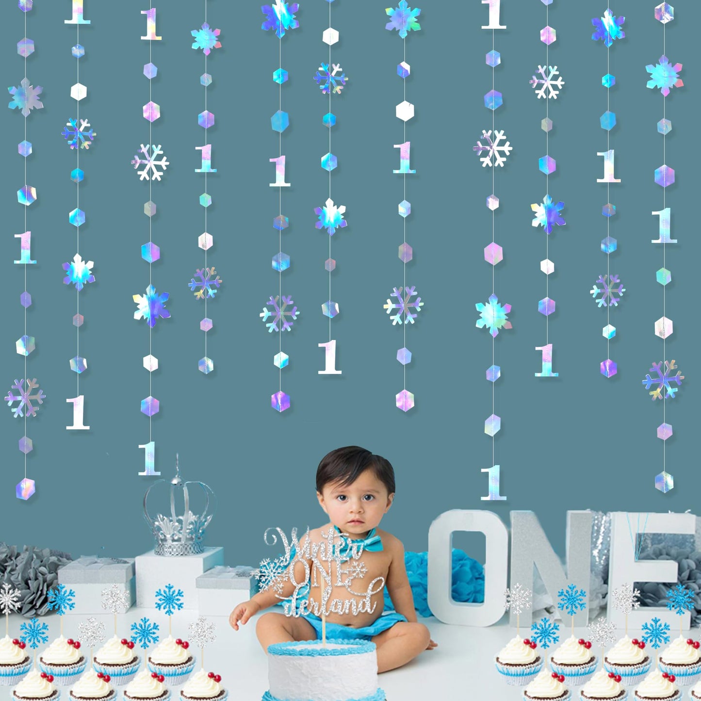 52Ft Winter Onederland Birthday Decorations Iridescent Snowflakes 1st Holographic Paper Snowflakes Garland Streamer for Winter Wonderland Christmas Frozen Snowflake First Birthday Party Supplies