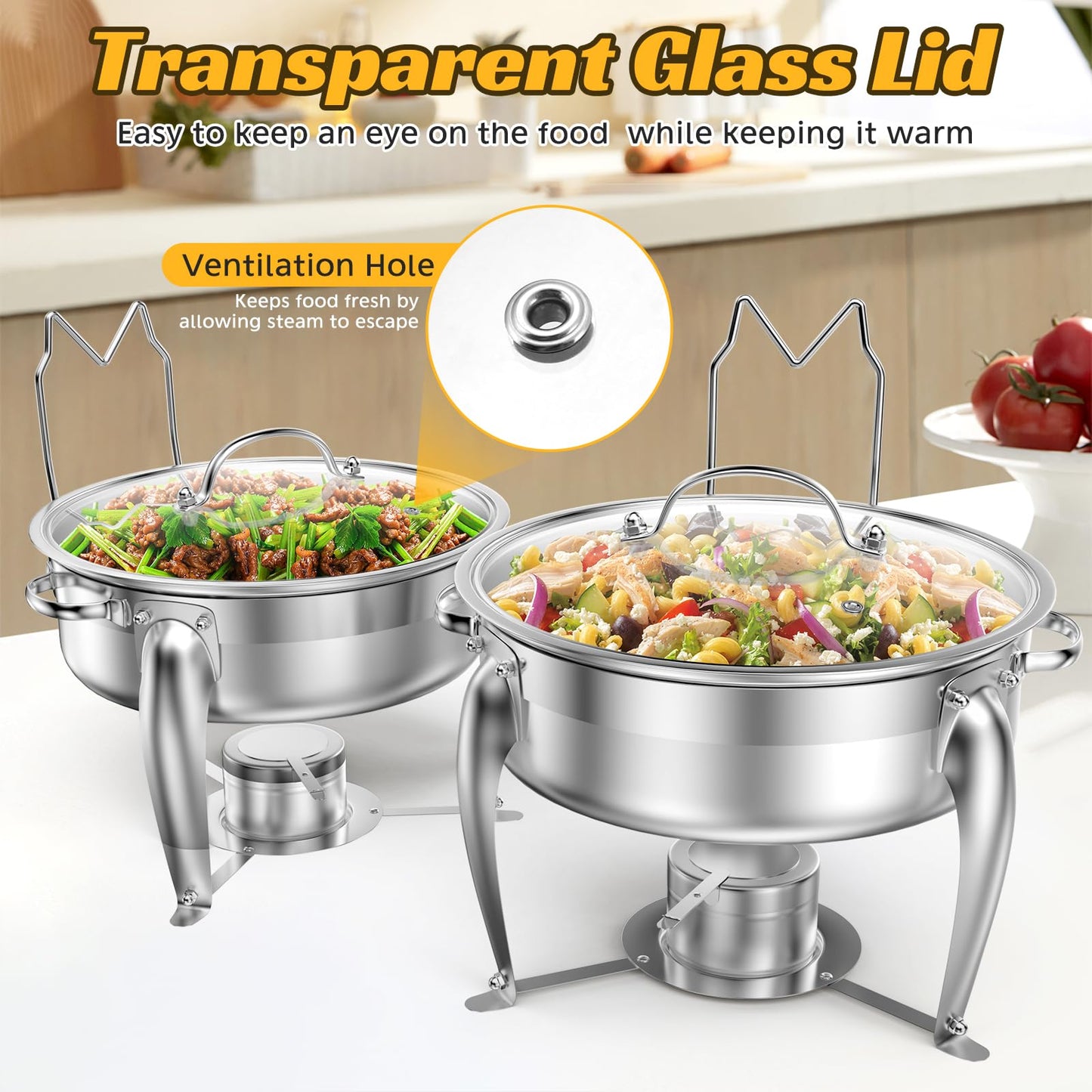 BriSunshine 6 QT Chafing Dish Buffet Set with Serving Spoons, 2 Packs Stainless Steel Round Chafing Dishes with Glass Lid & Lid Holder, Food Warmers for Parties Buffet Weddings Catering Events