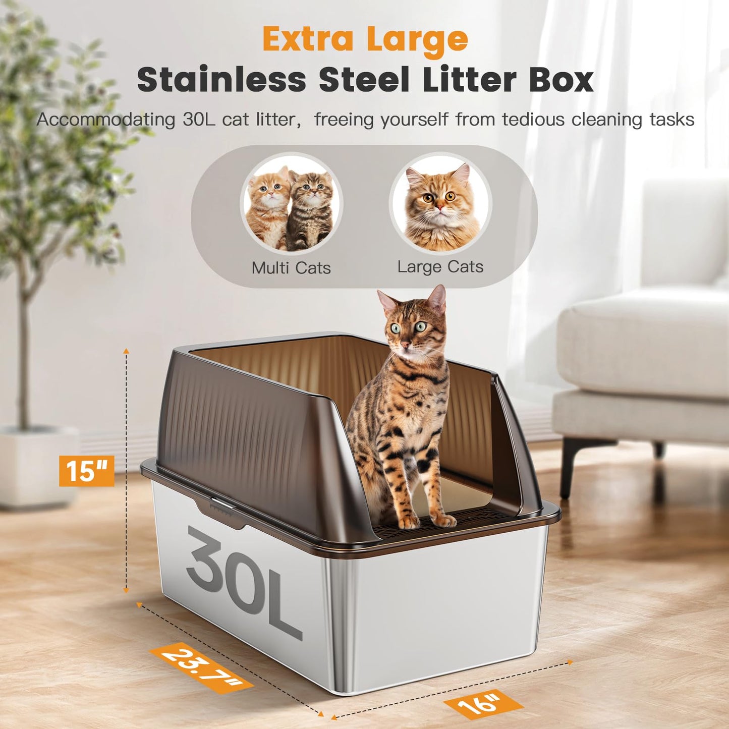 Tripamin 15” XL Stainless Steel Cat Litter Box Enclosure, XXL Stainless Steel High Sides with Lid, Extra Large Metal Cat Litter Box, Anti Leakage, Non-Sticky, Easy Cleaning, Includes Scoop