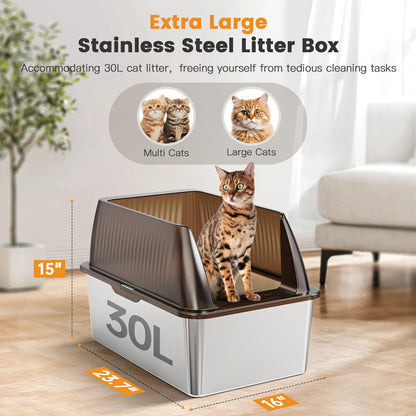 Tripamin 15” XL Stainless Steel Cat Litter Box Enclosure, XXL Stainless Steel High Sides with Lid, Extra Large Metal Cat Litter Box, Anti Leakage, Non-Sticky, Easy Cleaning, Includes Scoop