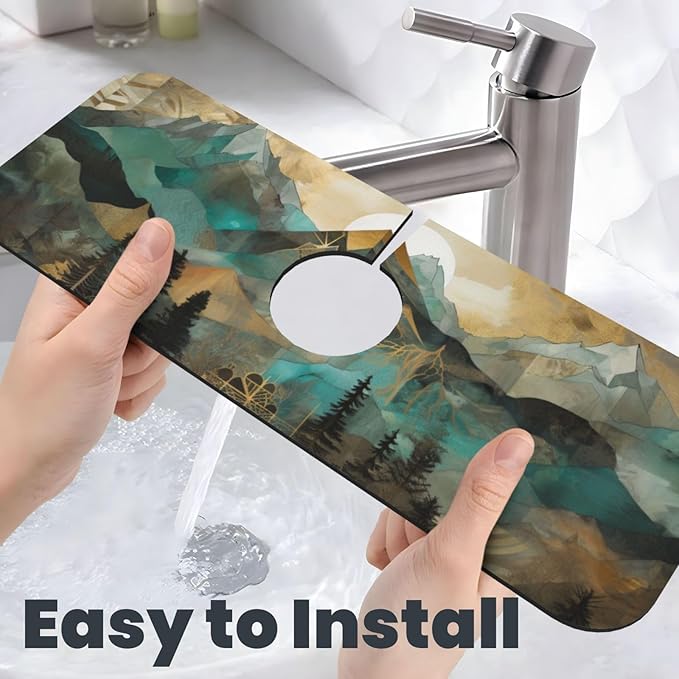 Kitchen Sink Splash Guard Faucet Mat Mountains Trees Landscape Sunrise 15"x5.5"