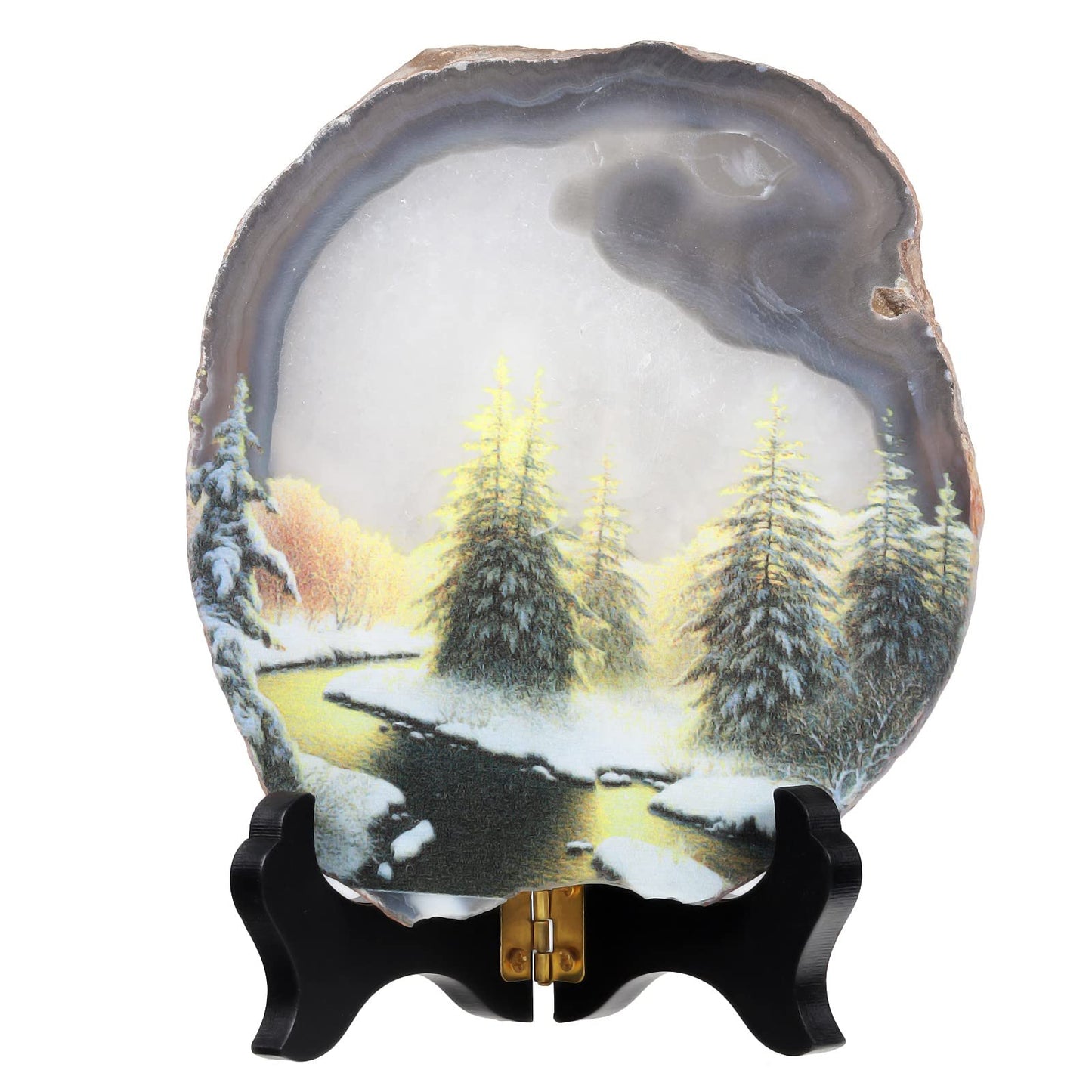 SUNYIK Natural Geode Agate Slice Display with Wooden Stand, Irregular Agate Slab Tabletop Desktop for Office Home Decor, Landscape-2