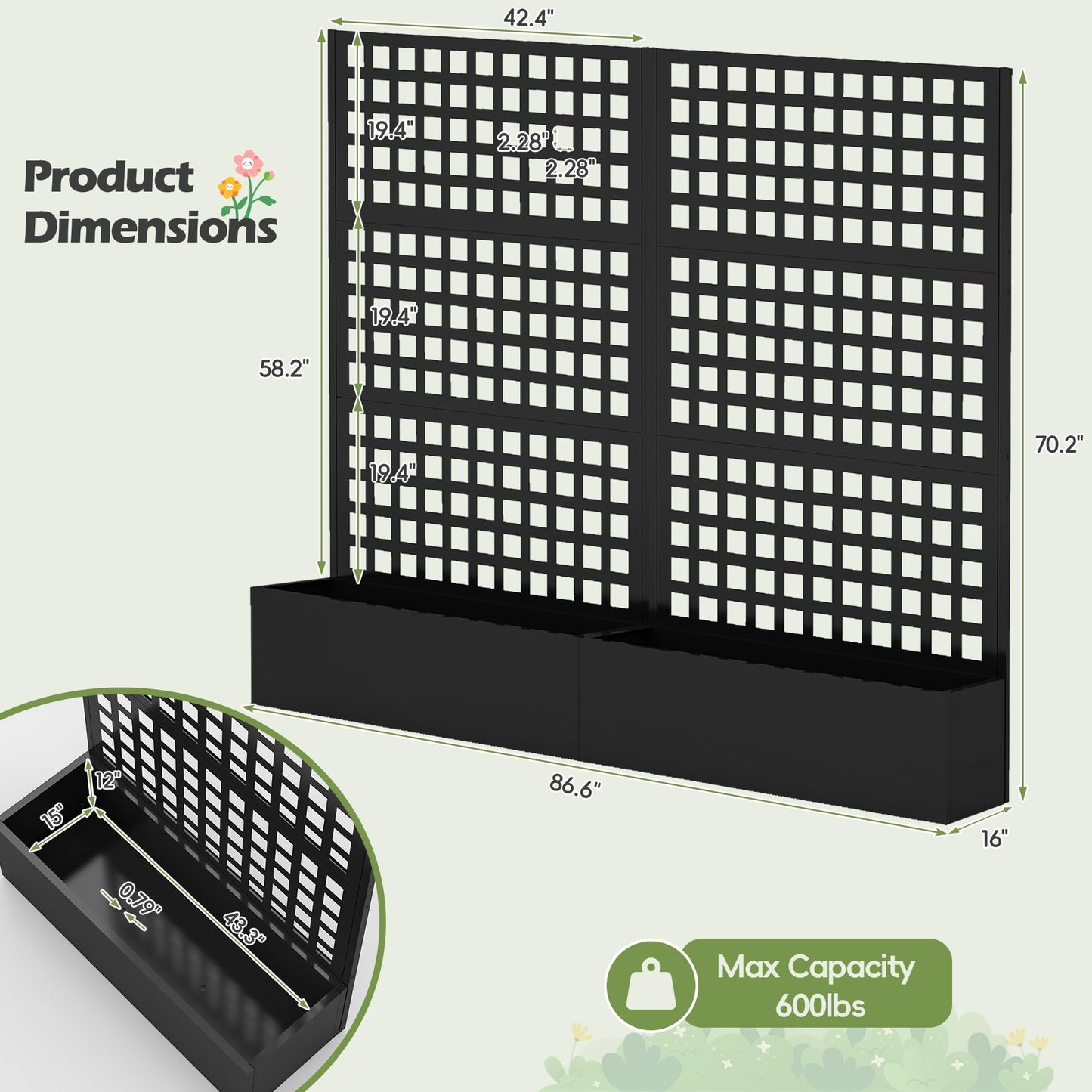 Callales Metal Planter Box with Trellis, Black Raised Garden Bed, Privacy Screen Planters with Trellis for Climbing Plants Vegetable Flowers Outdoor Indoor, Large 2Pcs Set