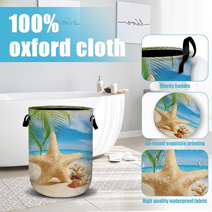 Starfish Seashell Laundry Basket, Ocean Sea Beach Laundry Hamper Collapsible