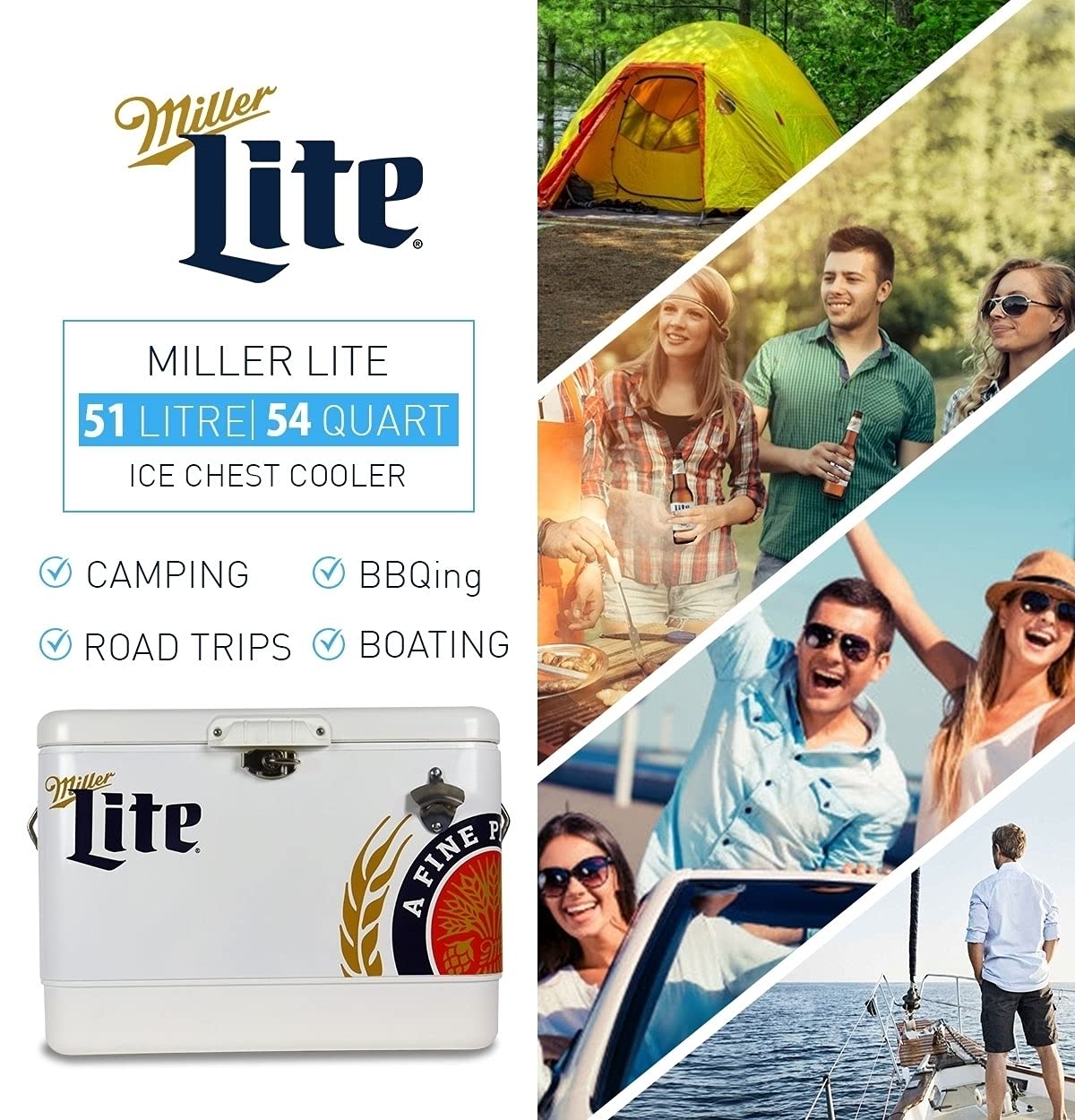 Miller Light Ice Chest Cooler - 85 Can Ice Box, Portable Ice Bucket with Bottle Opener, Vintage Style, Insulated for Camping, Beach, Picnic, RV, BBQs, Tailgating, Fishing, Steel-Belted, 51L (54 qt)