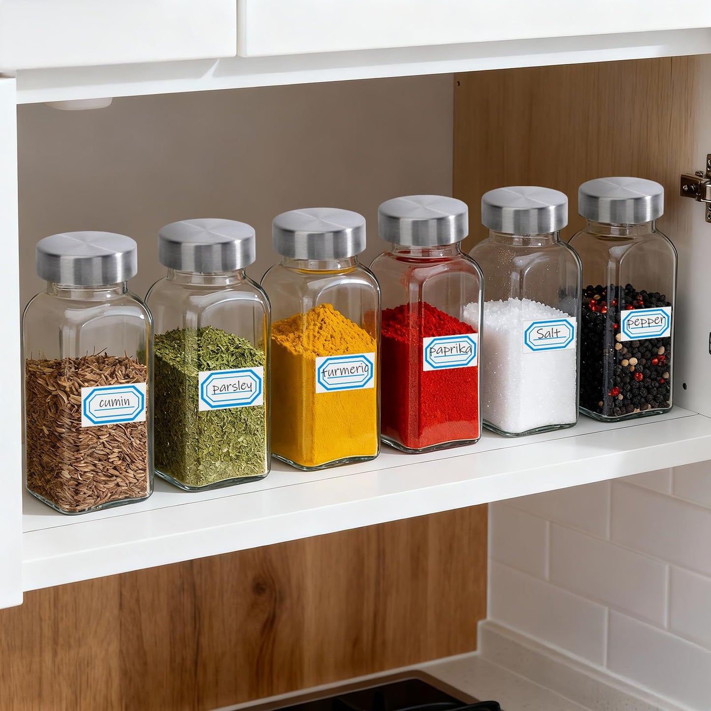 Segarty 6oz Spices Bottle with Stainless Steel Shaker Lids, 3 PCS 180ml Square Spice Containers, Empty Seasoning Organizer for Salt Pepper Sugar Herb Storage, Large Glass Jars with 7 Stickers, 1 Brush