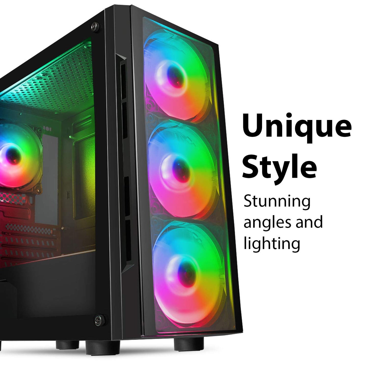 CiT Flash ARGB PC Gaming Case, Micro-ATX, 4 x 120mm ARGB Rainbow Fans Included, Tempered Glass, LED Button, 8 Fan Support, Water-Cooling Ready | Black