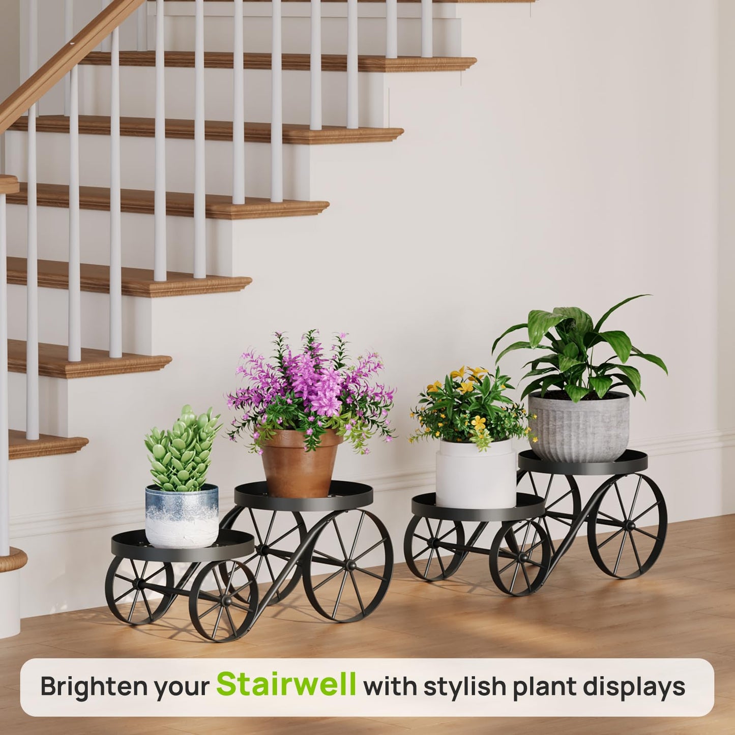 Cute Plant Stand Indoor Outdoor 2-Tier Metal Heavy Duty Flower Pot Holder with Decorative wagon wheels, Multi-Use Planter Display Rack Shelf for Garden Patio Balcony Living Room Corner (Black)