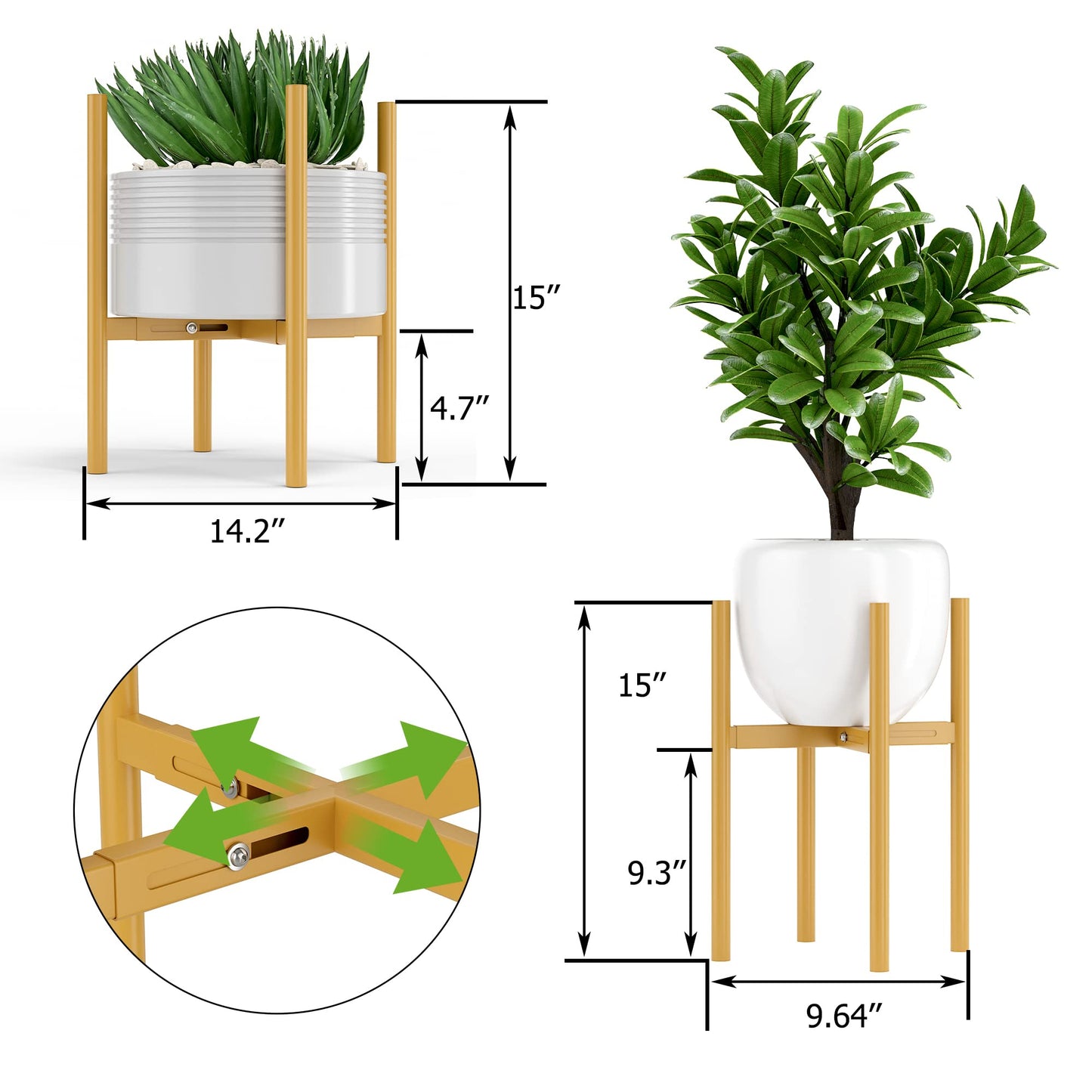 EKNITEY Adjustable Plant Pot Stand: Indoor Outdoor Modern Flower Holder Metal Plant Rack Organizer Planter Stand for Garden Patio Corner Bathroom Living Room Balcony Home Office (Gold)