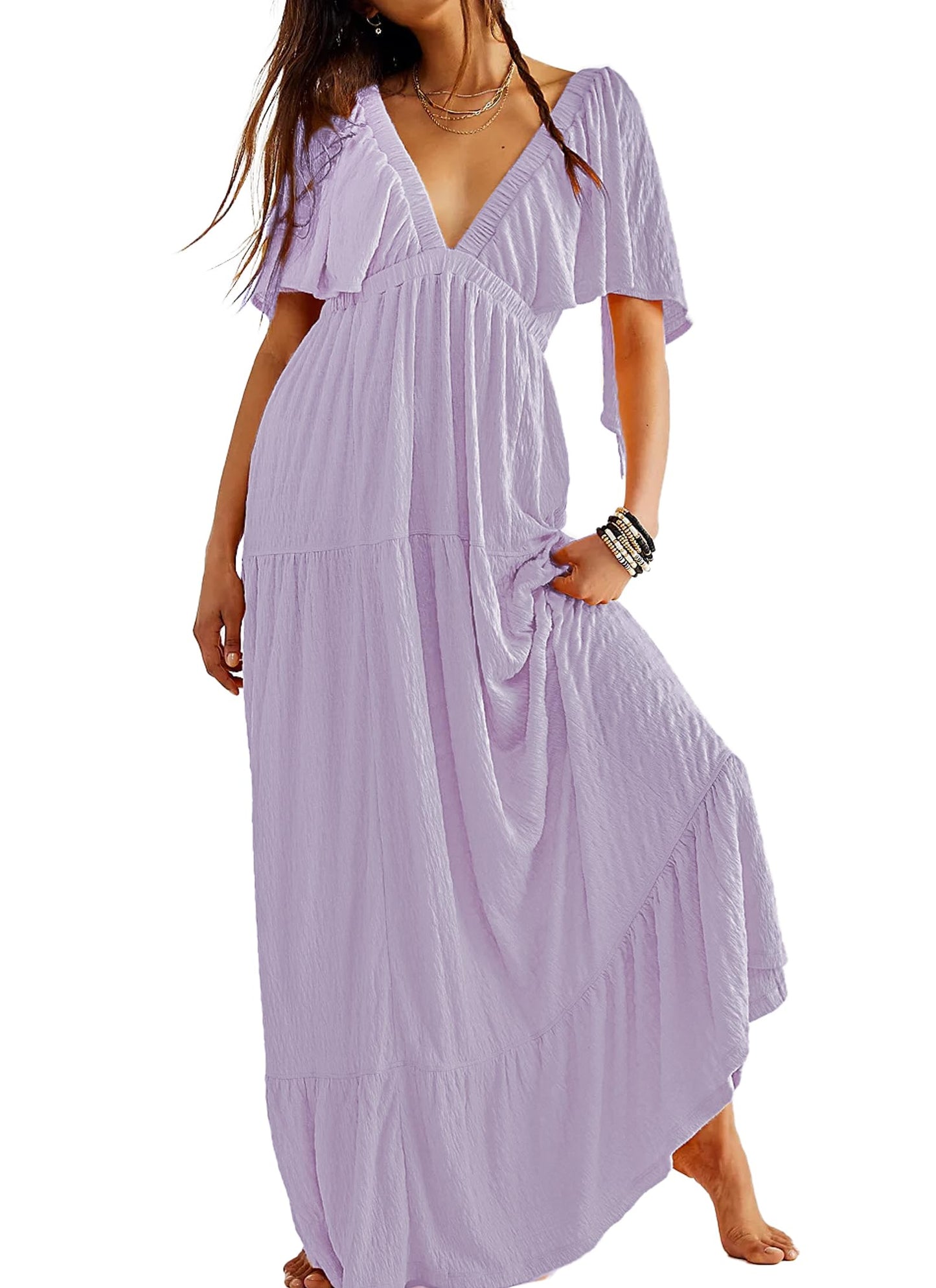 Kikibell Women Summer Dresses Sexy V-Neck Maxi Dress Tiered Silhouette with Flutter Sleeve Backless Elastic Waist Flowy Dress