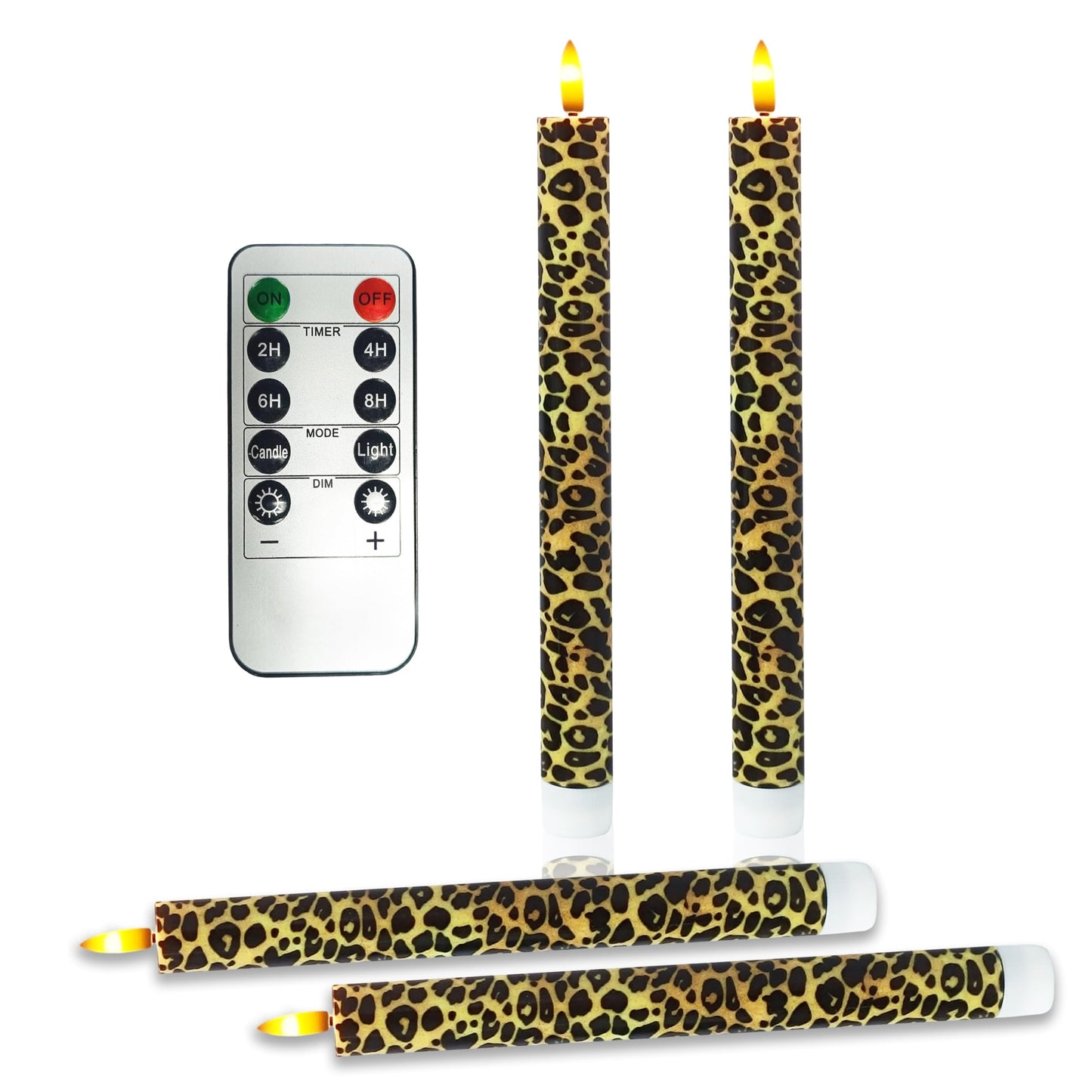 SEUCRWAX 10 Inch Flameless Taper Candles,LED Candlesticks Battery Operated with 10-Key Remote and Timer,4p Flame Lights for Wedding Decoration Party(Leopard)