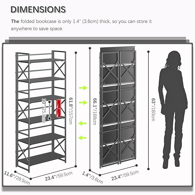 4NM 6 Tiers No Assembly Book Shelves, 61.8" H Folding Bookshelf Bookcase Open