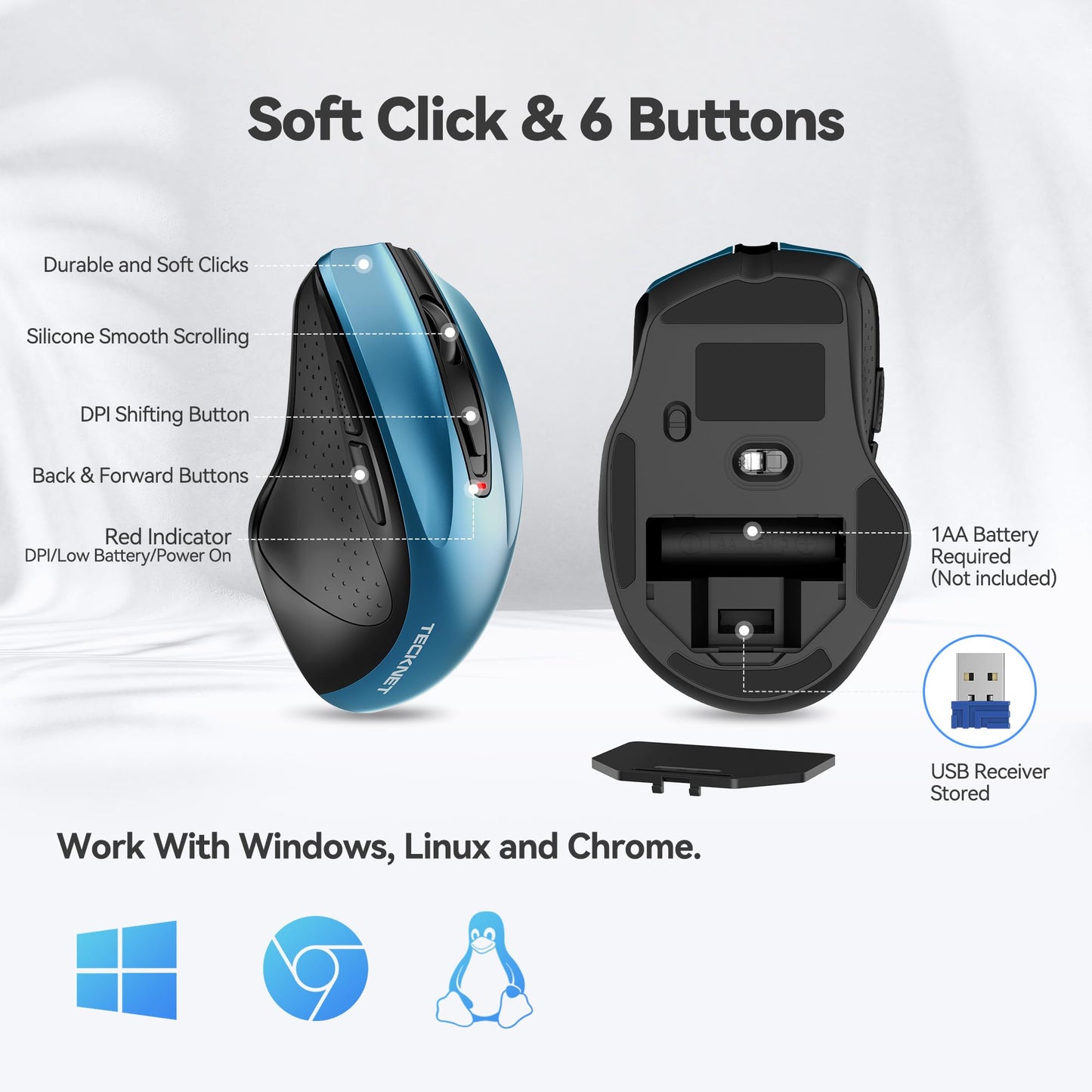 TECKNET Wireless Mouse, 2.4G Ergonomic Optical Mouse, Computer Mouse for Laptop, PC, Computer, Chromebook, Notebook, 6 Buttons, 24 Months Battery Life, 2600 DPI, 5 Adjustment Levels