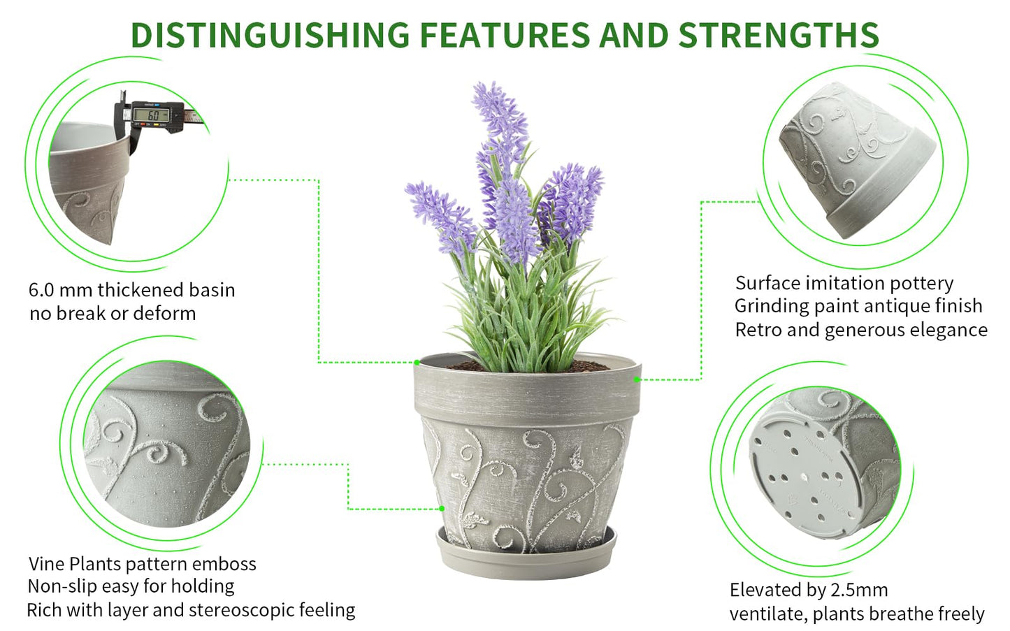 Melphoe Plant Pots Indoor with Drainage & Saucer, 2Pack 7 inch Flower Pots Outdoor Planters for Indoor Plants Garden Home Decor Cactus Succulent, Rigid Plastic (Imitation-Terracotta) Vine-Embossed