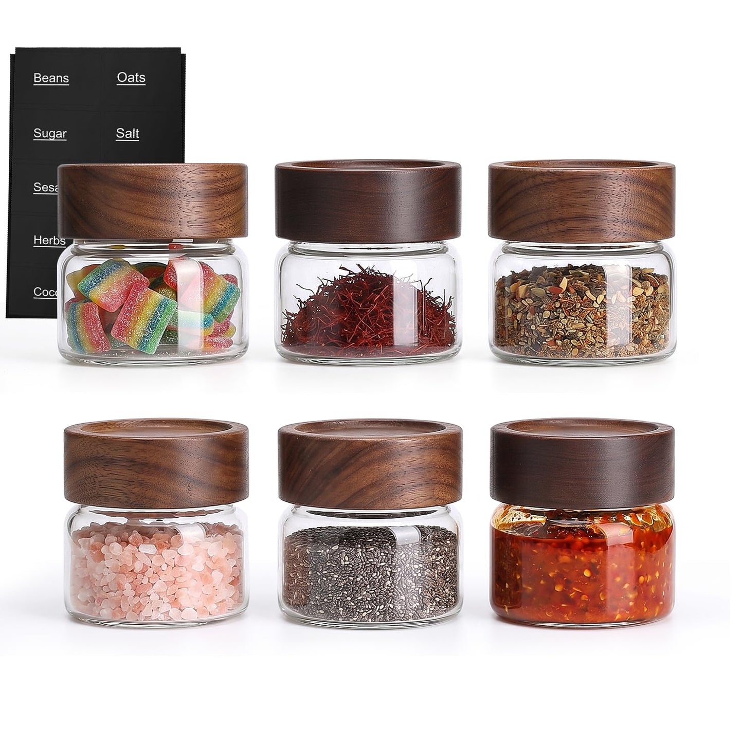 Kalnsa 6 Pack 4 oz Glass Jars with Lids, Small Mason Jars with Airtight Acacia Wood Lid, Mini Glass Spice Jars for Kitchen Pantry Organization, 4oz Small Containers for Coffee Sugar Tea & Candy