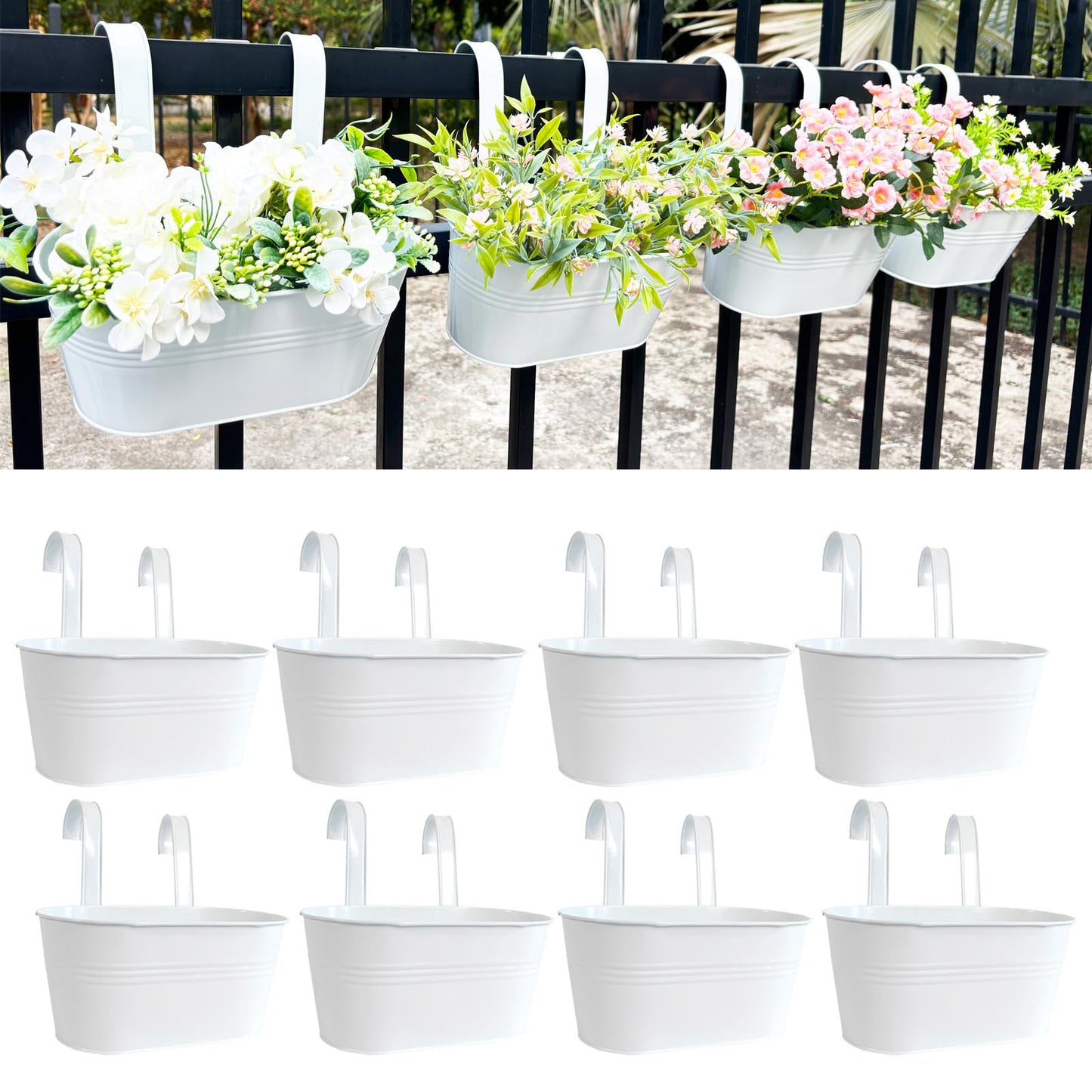 Joyfernal 10" Hanging Flower Pots, Pack of 8 White Metal Outdoor Patio Balcony Planter, Railing Planters Fence Pot with Detachable Hook & Drainage Hole for Small Plants (White, 8Pcs)