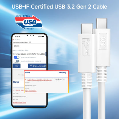 Cable Matters [USB-IF Certified] 10 Gbps Gen 2 USB C Cable - 3.3ft / 1m, Supports Up to [4K@60Hz Video, 100W Charging, 10Gbps Data Transfer], Black