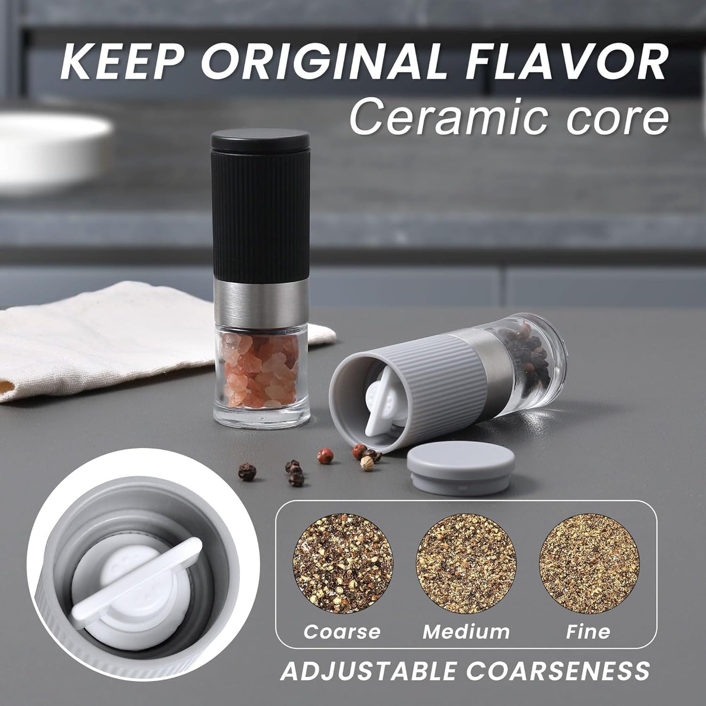 Mini Salt and Pepper Grinder Set, Small Tiny Adjustable Coarseness Ceramic Salt Grinder with Funnel and Bag Portable Handy Spice Pepper Mill Shaker For Outdoor Party Lunch Bag Kitchen