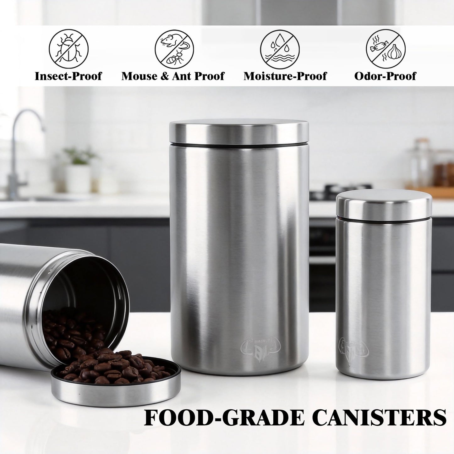 WORKOUT BW BYLWORKOUT 3-Piece Stainless Steel Food Canisters Set (27/47/84oz) | Airtight Metal Kitchen Storage Containers with Screw Lids | Stackable Jars for Coffee, Flour, Sugar & Protein Powder