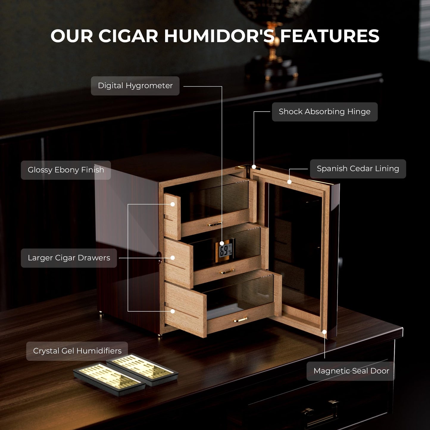 Woodronic Cigar Humidor Cabinet for 150 Counts with Spanish Cedar Lining, Crystal Gel Humidifiers, Digital Hygrometer & Larger Drawers, Glossy Ebony Finish, Desktop Cigar Gift for Men