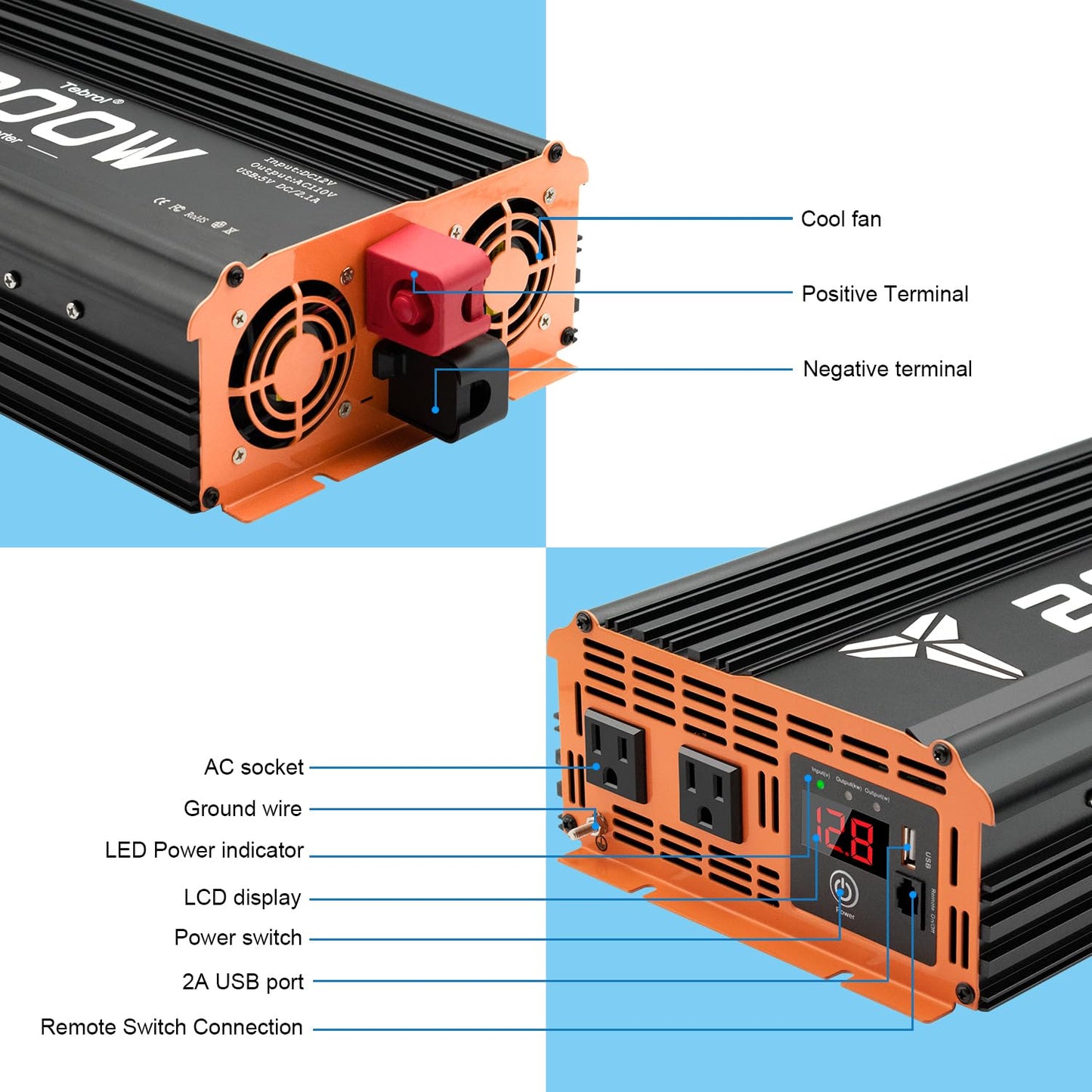 2000W Inverter 12V DC to 110V AC Converter for Home, RV, Truck, Off-Grid Solar Power Inverter with Built-in 5V/2.1A USB, AC Hardwire Port, Remote Controller
