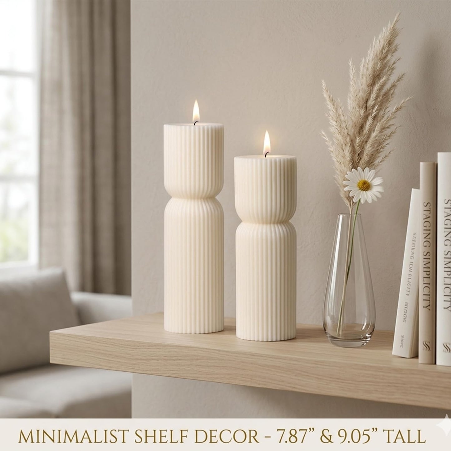 Aesthetic Sandalwood Scented Candles,Ribbed Pillar Candle Set of 2 (7.87" & 9.05" Tall), Natural Soy Wax Minimalist Geometric Decor, Modern Fluted Sculptural Candles for Home,Shelf, Mantel & Gift