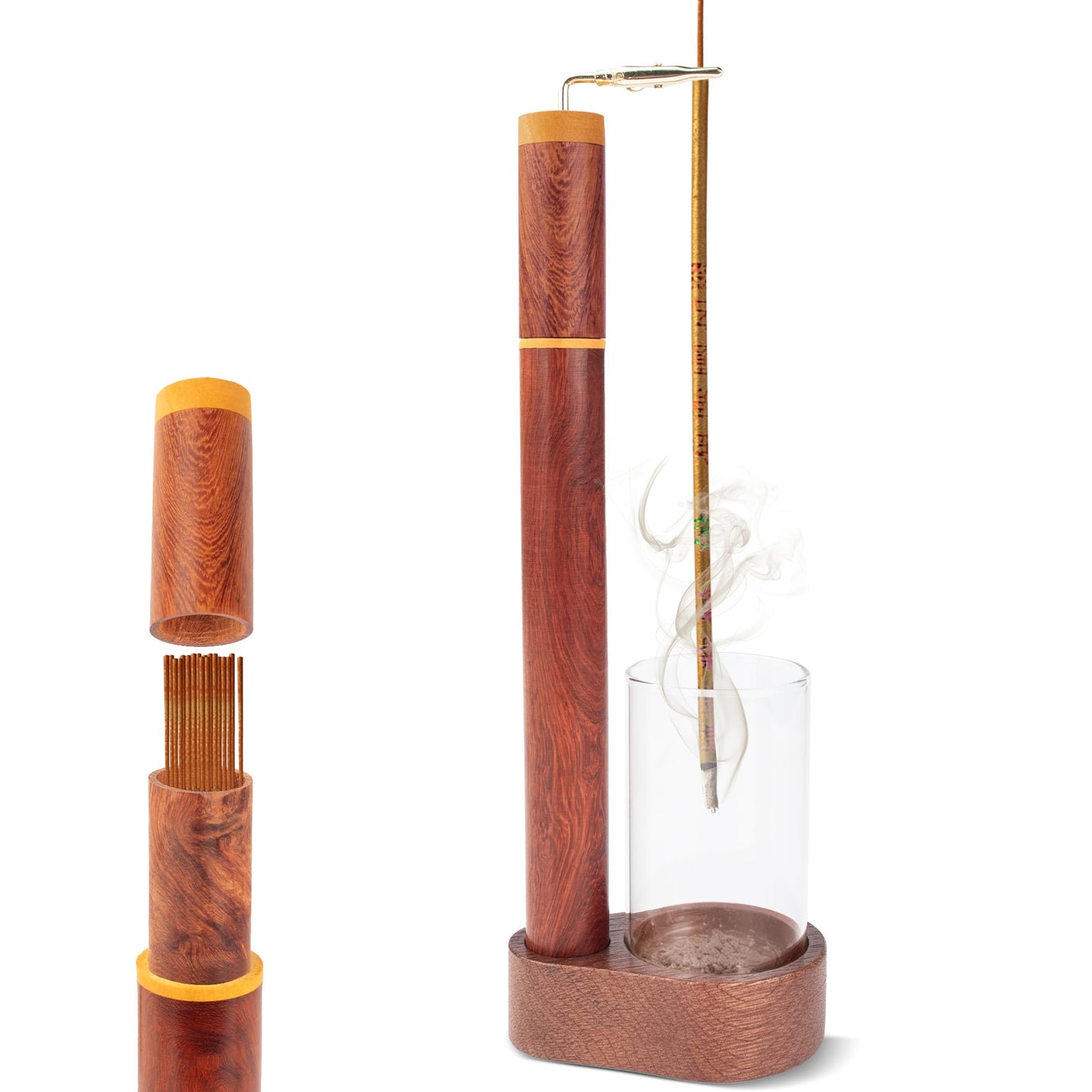 Zeckzoin Wood Incense Holder for Sticks with Glass Ash Catcher-Airtight StorageTube,Portable Incense Burner for Yoga Meditation Travel Home Gift