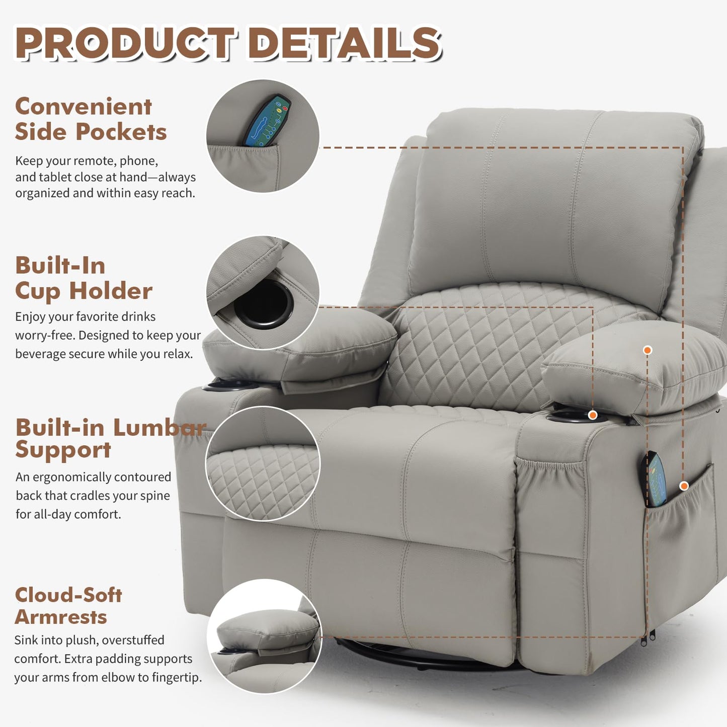 Comermax Swivel Rocker Recliner with Heat and Massage, Wide Seat Heated Massaging Reclining Chair, Faux Leather Rocking Recliner Glider Chair with Cup Holder, Grey