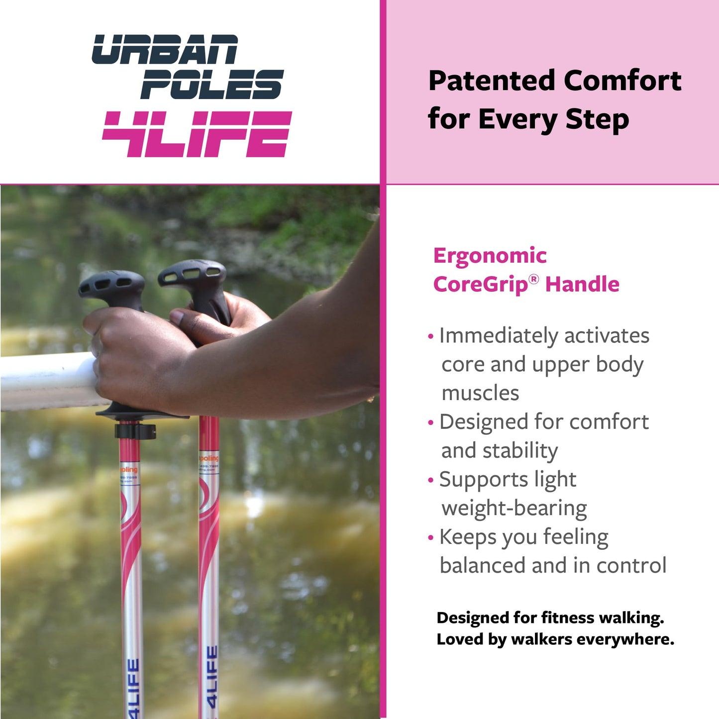 Urban Poling 4LIFE Urban Poles – 1 Pair – Fitness Edition – Patented Ergonomic CoreGrip™ for Stability – Adjustable, Collapsible, Lightweight for Comfort
