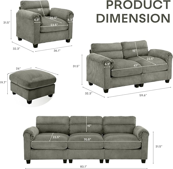 HAOMARKETS Corduroy 4-Piece Sofa Set, Upholstered Ottoman Set of 2, Accent