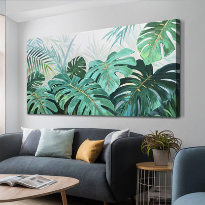 Enartly Tropical Green Leaf Canvas Wall Art Monstera Palm Leaf Painting Jungle Plant Botanical Picture Nature Artwork Print Framed for Living Room Bedroom Bathroom Office Home Decor, Large 40"x20"