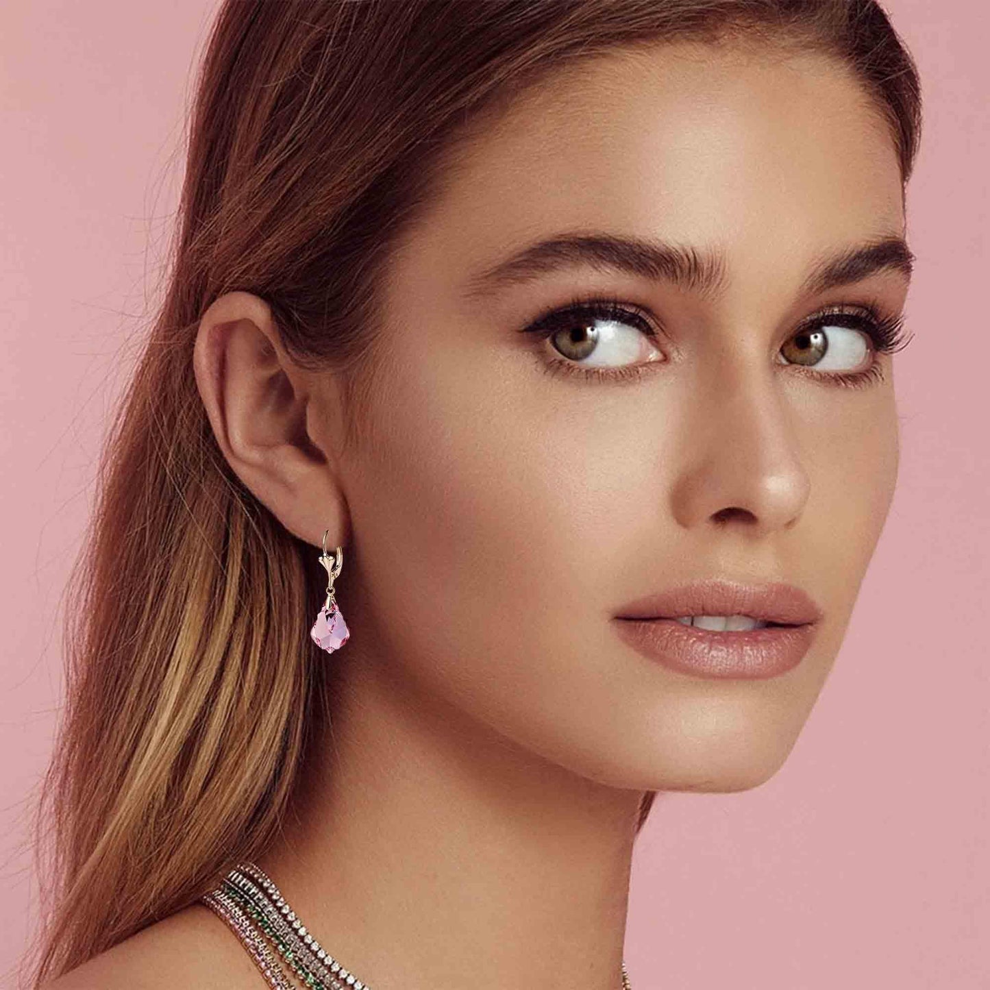 Austrian Crystal Baroque Drop Leverback Earrings for Women Fashion 14K Gold Plated Hypoallergenic Jewelry (Pink)