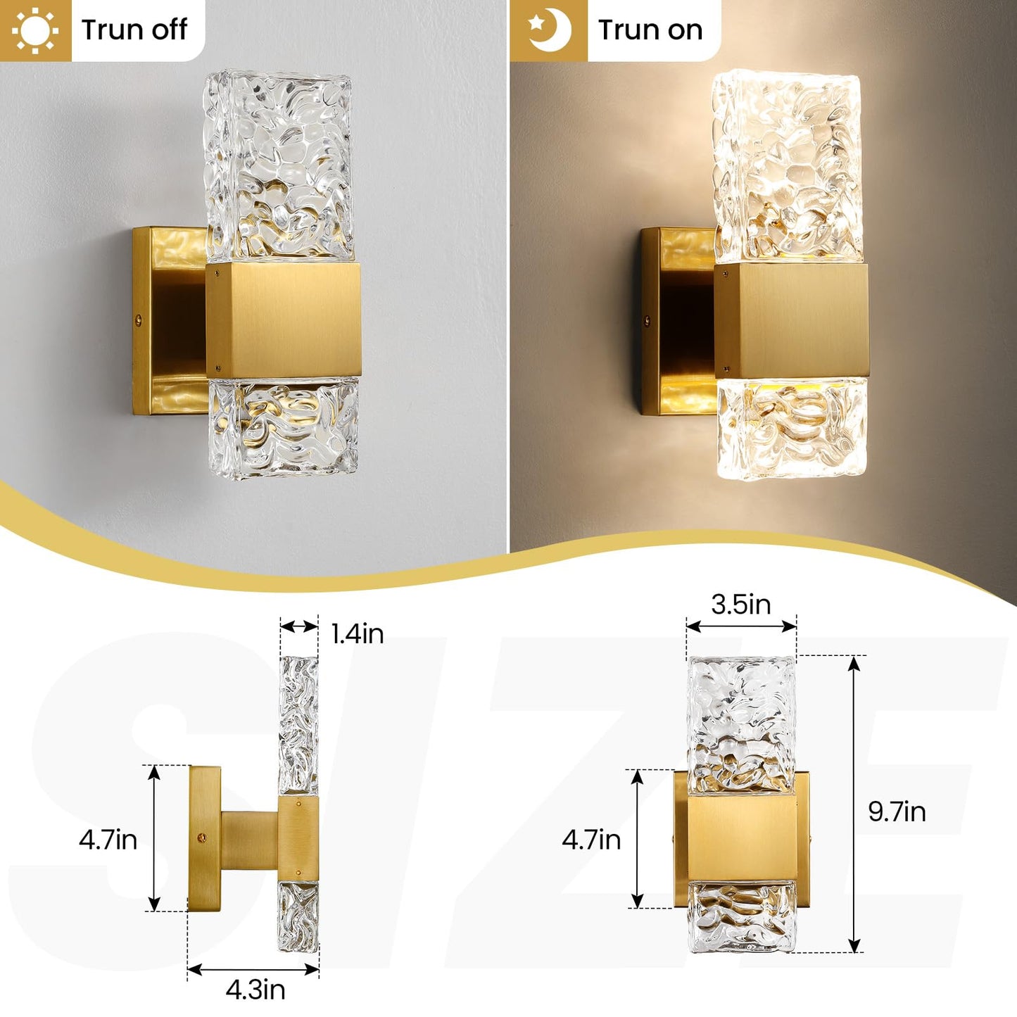 Epinl Gold Sconces Wall Lighting - Crystal Wall Sconces Set of Two Modern Bathroom Vanity Light Fixtures Hardwire Modern 4000K Dimmable LED Wall Mounted Sconces for Hallway Living Room