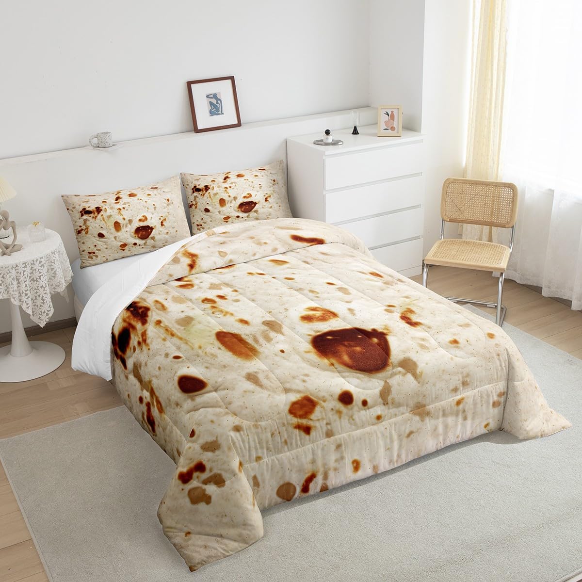 Feelyou Burritos Tortilla Bedding Set for Adult and Kids Ultra Soft Giant Funny Realistic Food Comforter Set Set Breathable Novelty Soft Flannel Taco Comforter King Size Quilted
