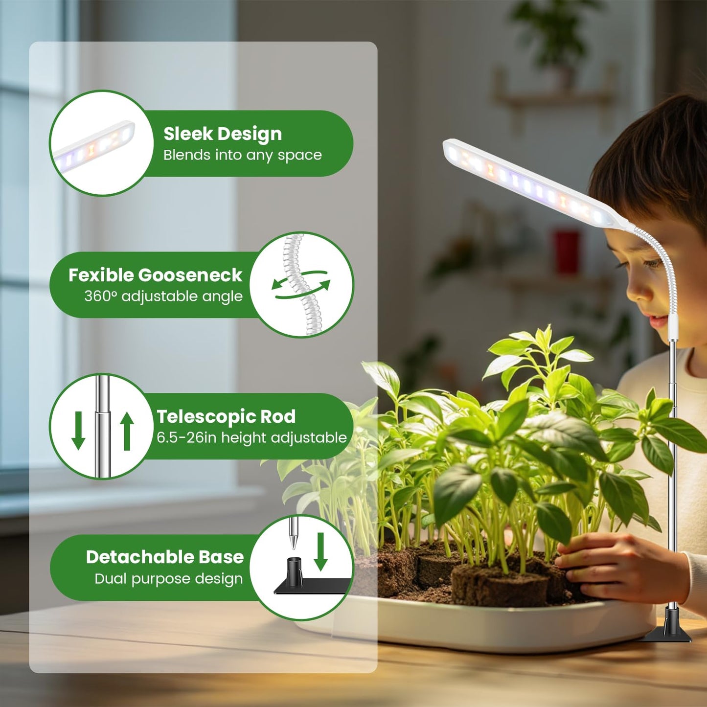 Wolezek Grow Lights for Indoor Plants, 52 LEDs Full Spectrum Plant Grow Light with Base, Height Adjustable Grow Lamp with Auto Timer 6/12/16H, 5 Dimmable Brightness, for Small Plants, White, 1-Pack