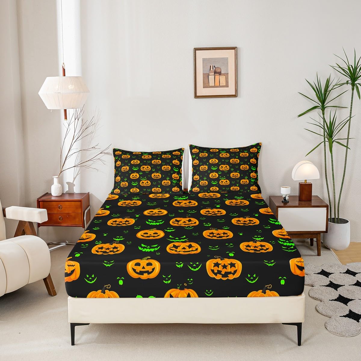 Halloween Fitted Sheet Set 4 Pieces Full Size, Holiday Theme Yellow Pumpkin Lantern and Green Gothic Sheet Set for Children Present, Bedding Set & 1 Flat Sheet & 2 Pillowcases