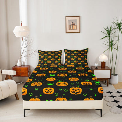 Halloween Fitted Sheet Set 4 Pieces Full Size, Holiday Theme Yellow Pumpkin Lantern and Green Gothic Sheet Set for Children Present, Bedding Set & 1 Flat Sheet & 2 Pillowcases
